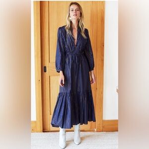 Emerson Fry Frances Dress Maritime Lurex Navy Metallic Stripes Drawstring Size L